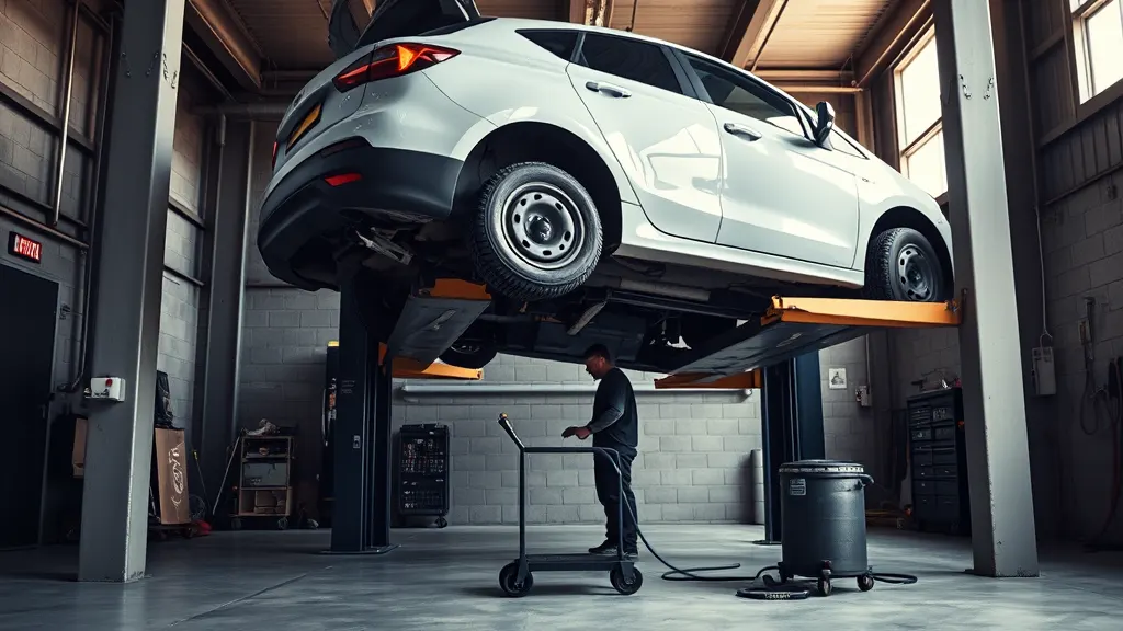 A car on the ramp in the workshop